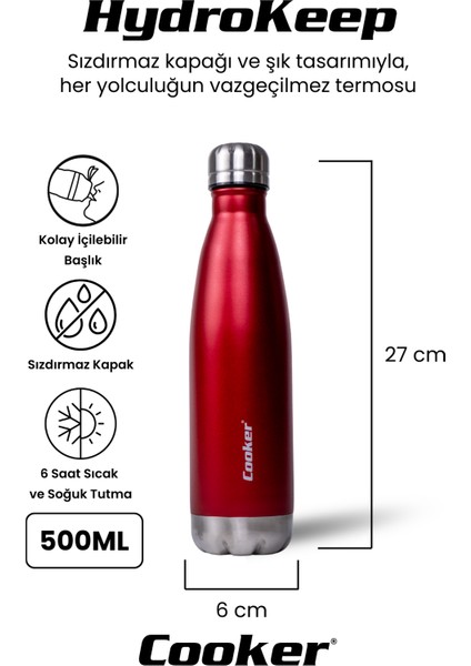 CKR2071 Hydrokeep 500 ml Paslanmaz Çelik Termos – Çift Kat Vakumlu, Sızdırmaz Kapaklı, 6 Saat Sıcak & Soğuk Tutma” Kırmızı fiyatları