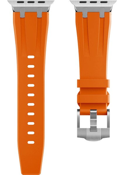 Apple Watch 9 (45MM) Uyumlu Metal Toka Tasarımlı Silikon Kordon-89 Turuncu modelleri