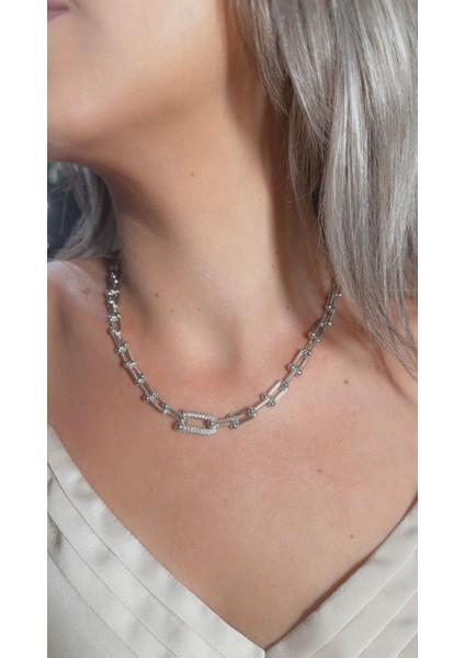 Rodyum Kaplama Zirkon Taşlı Tıffany Zincir Kolye - Sılver