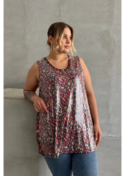 Büyük Beden V Yaka Desenli Payet Işlemeli Kolsuz Bluz 302386 fiyatları