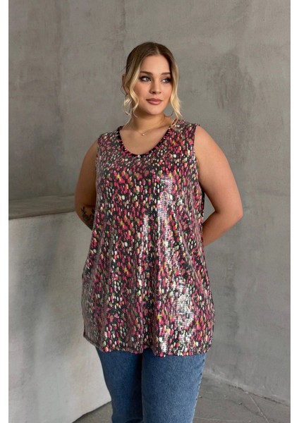 Büyük Beden V Yaka Desenli Payet Işlemeli Kolsuz Bluz 302386 fırsatları