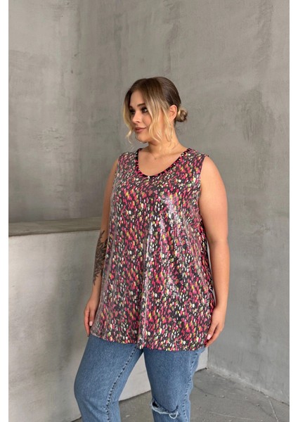 Büyük Beden V Yaka Desenli Payet Işlemeli Kolsuz Bluz 302386 indirimleri