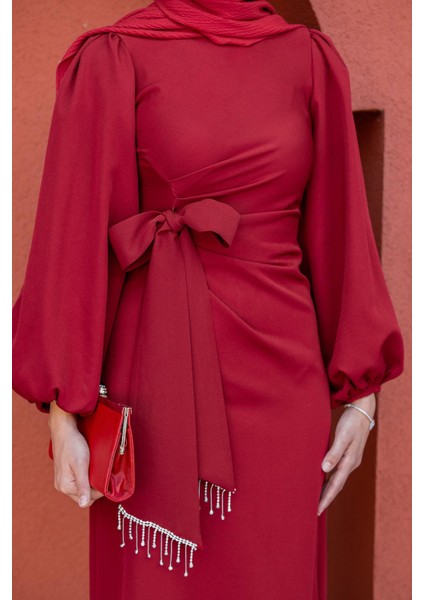 Kies Taş Püskül Detaylı Abiye-Bordo fiyatları