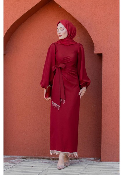 Kies Taş Püskül Detaylı Abiye-Bordo fırsatları