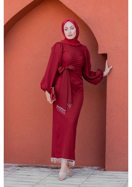 Kies Taş Püskül Detaylı Abiye-Bordo indirimleri