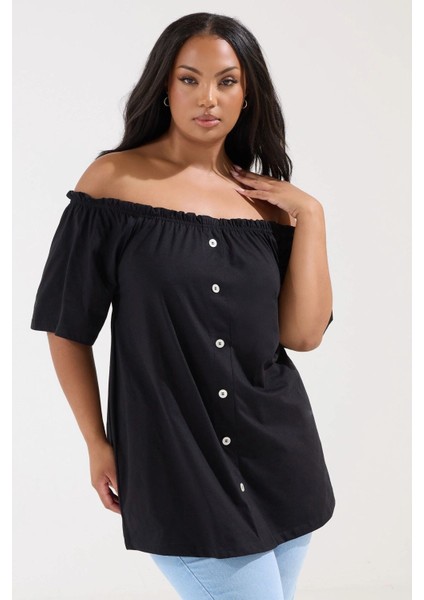 Büyük Beden Düşük Omuz Düğme Detaylı Straplez Bluz 322704