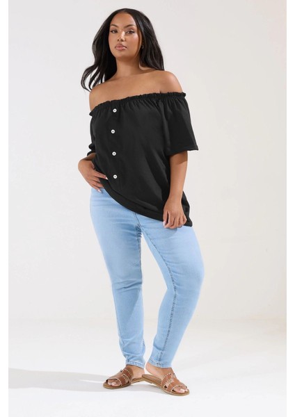 Büyük Beden Düşük Omuz Düğme Detaylı Straplez Bluz 322704 fiyatları