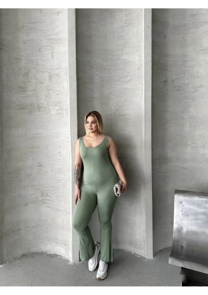 Büyük Beden Sıfır Kol Ispanyol Paça Kapamasız Esnek Tulum 224983 fırsatları