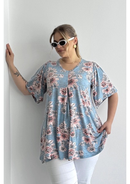 Büyük Beden V Yaka Kısa Kollu Eteği Bollaşan Desenli Bluz 101-44 fiyatları