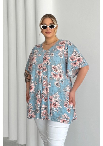 Büyük Beden V Yaka Kısa Kollu Eteği Bollaşan Desenli Bluz 101-44 fırsatları