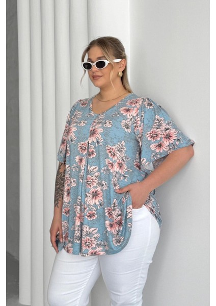 Büyük Beden V Yaka Kısa Kollu Eteği Bollaşan Desenli Bluz 101-44 indirimleri