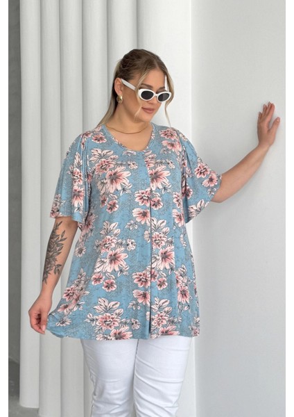 Büyük Beden V Yaka Kısa Kollu Eteği Bollaşan Desenli Bluz 101-44
