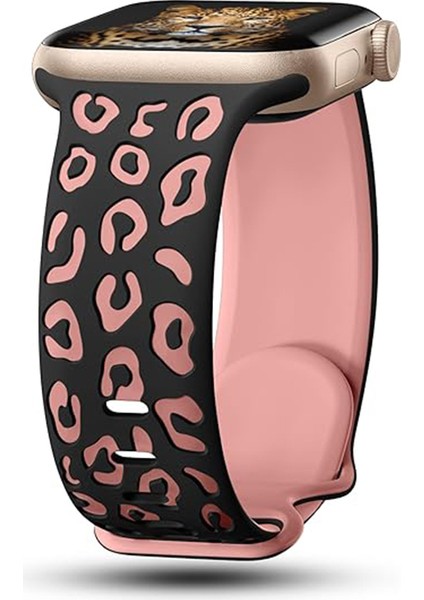 Apple Watch 7 (45MM) Uyumlu Desenli Silikon KORDON-140 Siyah-Pembe