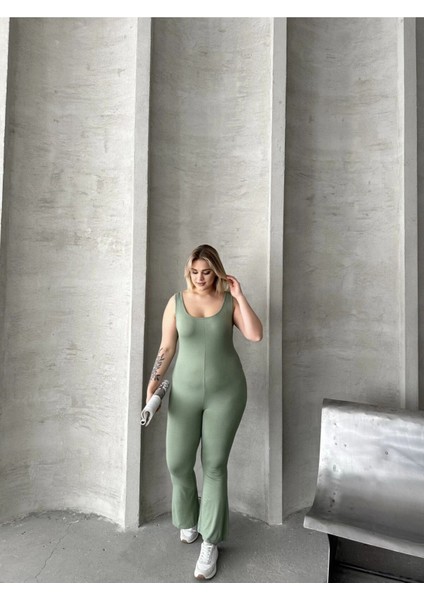 Büyük Beden Sıfır Kol Ispanyol Paça Kapamasız Esnek Tulum 224983 indirimleri