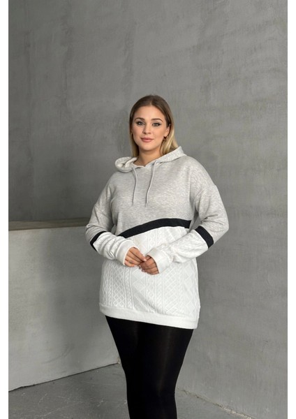 Büyük Beden Kapüşonlu Uzun Kollu Iki Parça Görünümlü Cepsiz Sweatshirt 300264