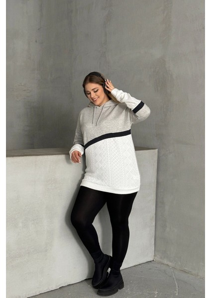 Büyük Beden Kapüşonlu Uzun Kollu Iki Parça Görünümlü Cepsiz Sweatshirt 300264