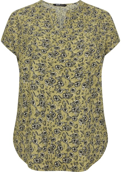 Büyük Beden Çentik Yaka Kısa Kollu Eteği Asimetrik Kesim Desenli Bluz 303867