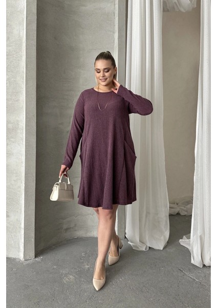 Büyük Beden Uzun Kollu Bisiklet Yaka Cepli Fitilli Elbise 100-186