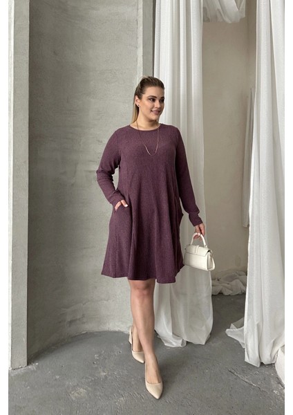 Büyük Beden Uzun Kollu Bisiklet Yaka Cepli Fitilli Elbise 100-186 fiyatları