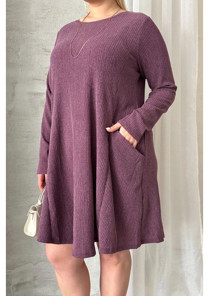 Büyük Beden Uzun Kollu Bisiklet Yaka Cepli Fitilli Elbise 100-186 indirimleri