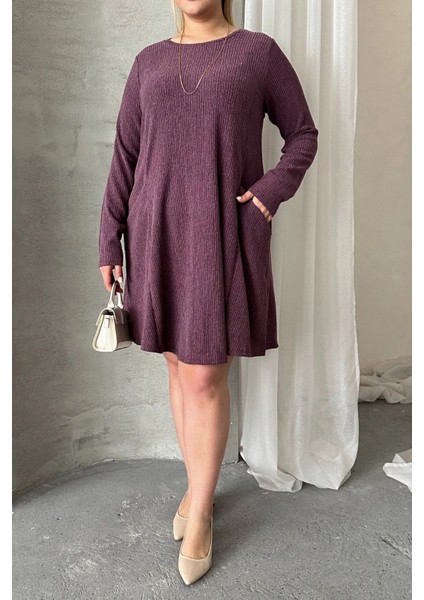 Büyük Beden Uzun Kollu Bisiklet Yaka Cepli Fitilli Elbise 100-186