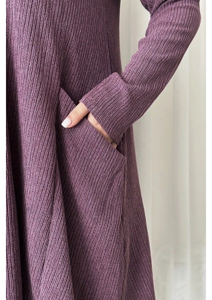 Büyük Beden Uzun Kollu Bisiklet Yaka Cepli Fitilli Elbise 100-186