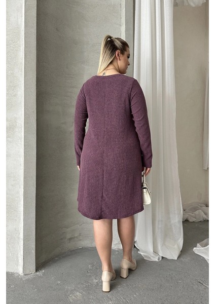 Büyük Beden Uzun Kollu Bisiklet Yaka Cepli Fitilli Elbise 100-186