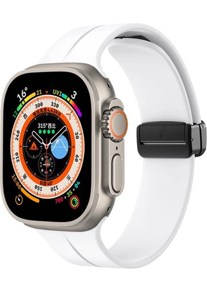 Apple Watch Se 2 (44MM) Uyumlu Metal Tokalı Silikon Kordon-84 Beyaz