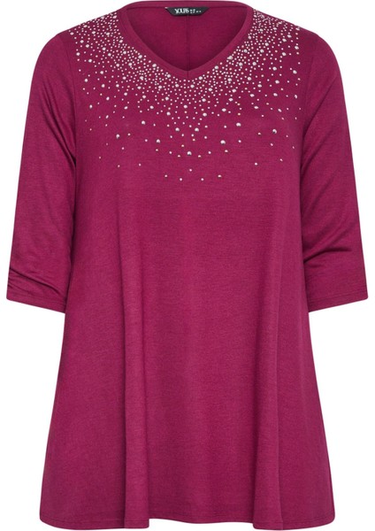 Büyük Beden V Yaka Zımbalı Yarım Kollu Bluz 285017