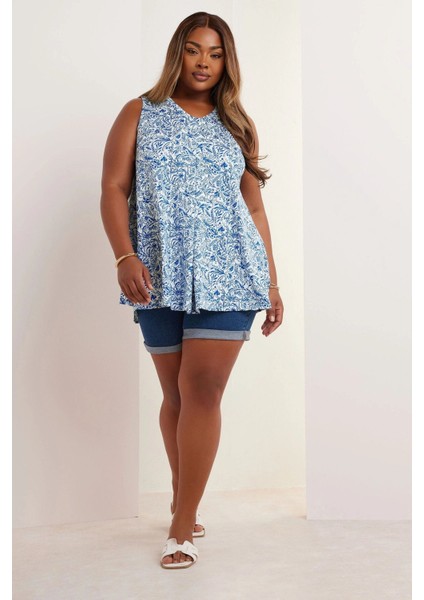 Büyük Beden V Yaka Önü Pileli Kolsuz Çiçek Desenli T-Shirt 322684 fiyatları