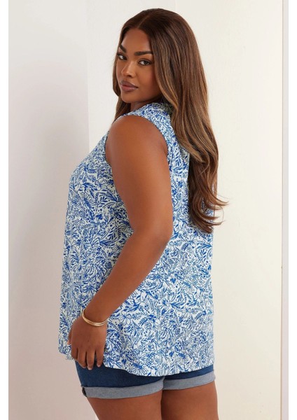 Büyük Beden V Yaka Önü Pileli Kolsuz Çiçek Desenli T-Shirt 322684 indirimleri