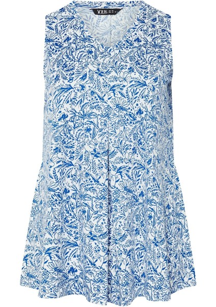 Büyük Beden V Yaka Önü Pileli Kolsuz Çiçek Desenli T-Shirt 322684