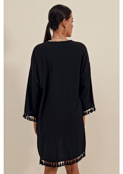 Kadın Bdart Ponpon Detaylı Midi Plaj Kimono Siyah