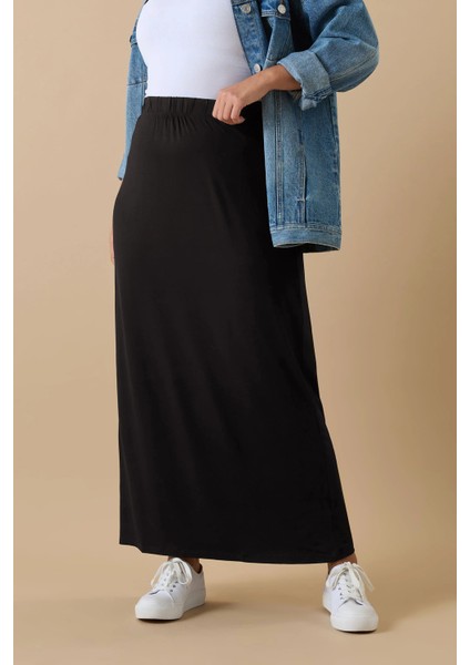 Büyük Beden Beli Lastikli Rahat Kalıp Cepsiz Streç Uzun Etek 160038