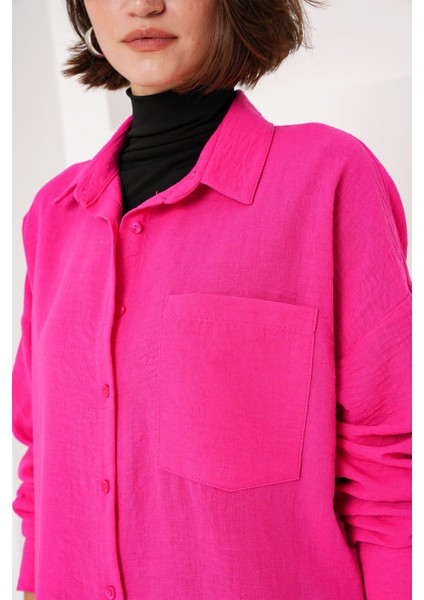 Kadın BDART Cepli Oversize Düğmeli Keten Karışımlı Gömlek Pink indirimleri