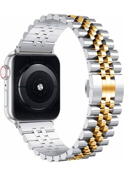 Apple Watch 9 (45MM) Uyumlu Zincir Görünümlü Metal Kordon-36 Gümüş-Rose Gold modelleri