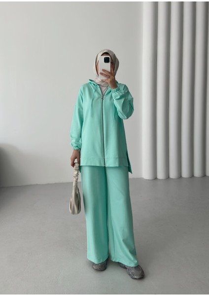 Kadın Yeşil %100 Pamuk Kapüşonlu Alt Üst Takım | Oversize Rahat Kalıp | 4 Mevsim Kullanıma Uygun