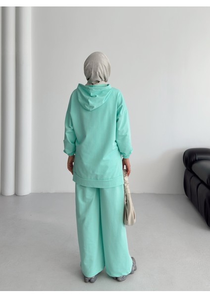 Kadın Yeşil %100 Pamuk Kapüşonlu Alt Üst Takım | Oversize Rahat Kalıp | 4 Mevsim Kullanıma Uygun