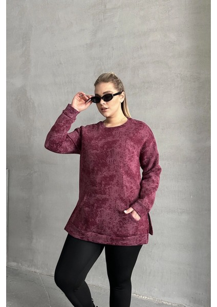 Büyük Beden Uzun Kollu Bisiklet Yaka Önü Cepli Desenli Sweatshirt 106-78