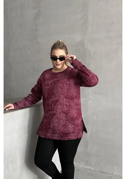 Büyük Beden Uzun Kollu Bisiklet Yaka Önü Cepli Desenli Sweatshirt 106-78 fiyatları