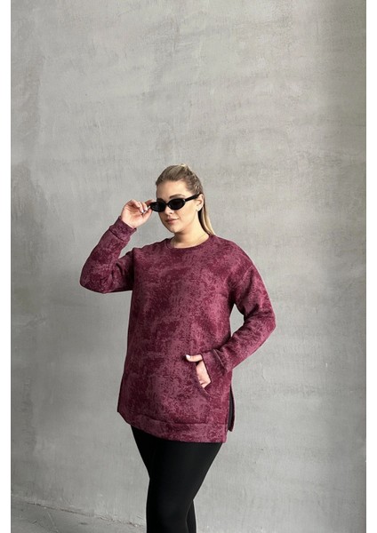 Büyük Beden Uzun Kollu Bisiklet Yaka Önü Cepli Desenli Sweatshirt 106-78 fırsatları