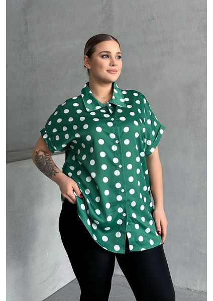 Büyük Beden Önü Düğmeli Kısa Kollu Puantiye Desenli Gömlek 303461 fırsatları