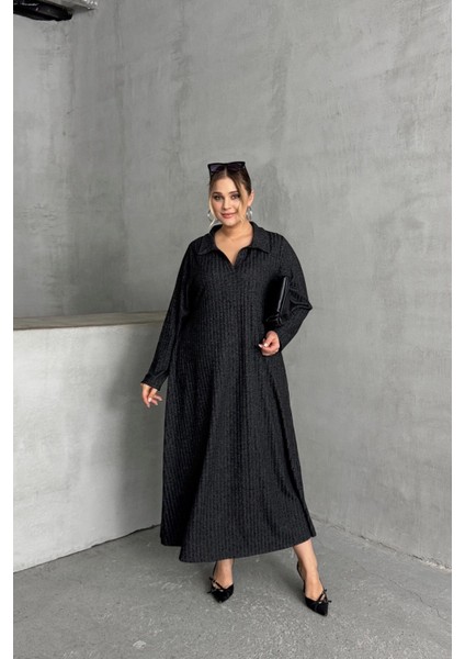 Büyük Beden V Yaka Uzun Kollu Fitilli Eteği Bollaşan Uzun Elbise 322181