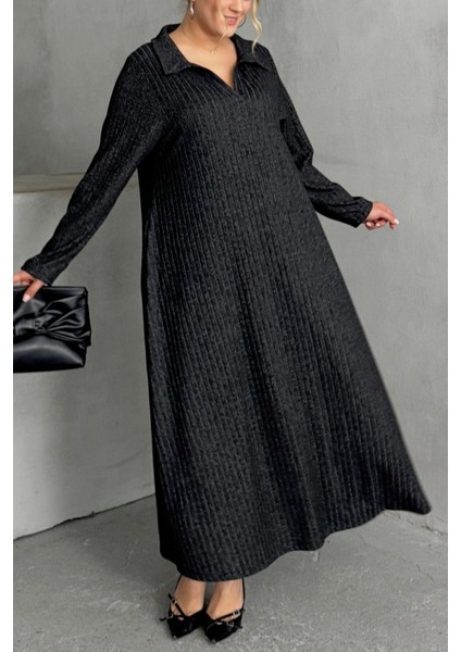 Büyük Beden V Yaka Uzun Kollu Fitilli Eteği Bollaşan Uzun Elbise 322181 fırsatları