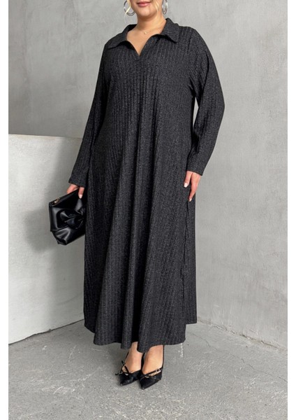 Büyük Beden V Yaka Uzun Kollu Fitilli Eteği Bollaşan Uzun Elbise 322181 indirimleri