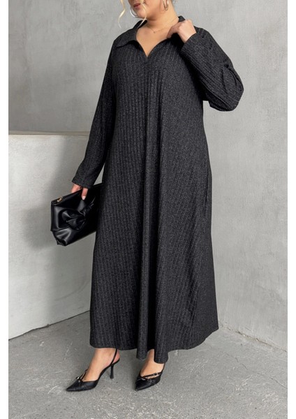 Büyük Beden V Yaka Uzun Kollu Fitilli Eteği Bollaşan Uzun Elbise 322181