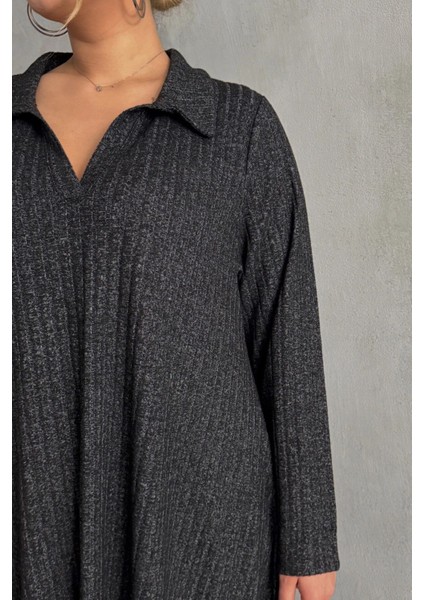 Büyük Beden V Yaka Uzun Kollu Fitilli Eteği Bollaşan Uzun Elbise 322181