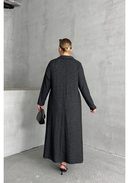 Büyük Beden V Yaka Uzun Kollu Fitilli Eteği Bollaşan Uzun Elbise 322181