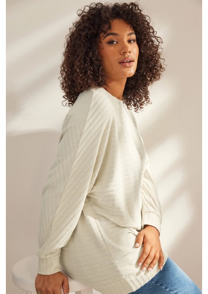 Büyük Beden Uzun Kollu Beli Lastikli Bisiklet Yaka Fitilli Kazak 615140