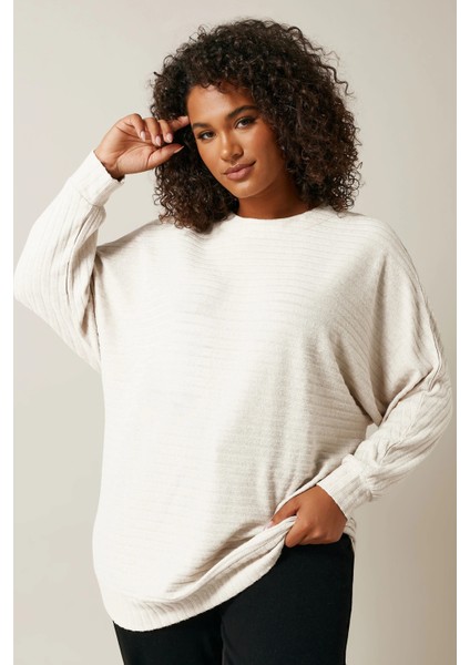 Büyük Beden Uzun Kollu Beli Lastikli Bisiklet Yaka Fitilli Kazak 615140 indirimleri